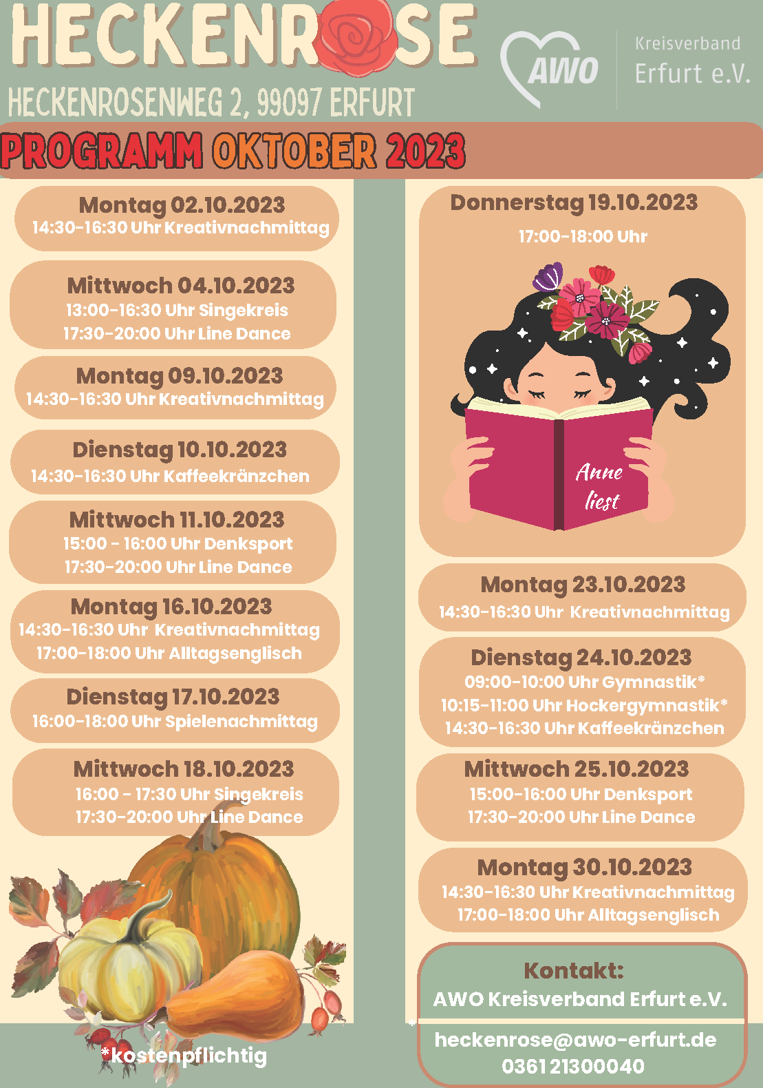 Tabellarischer Monatsplan der Veranstaltungen in der Heckenrose im herbstlichen Design