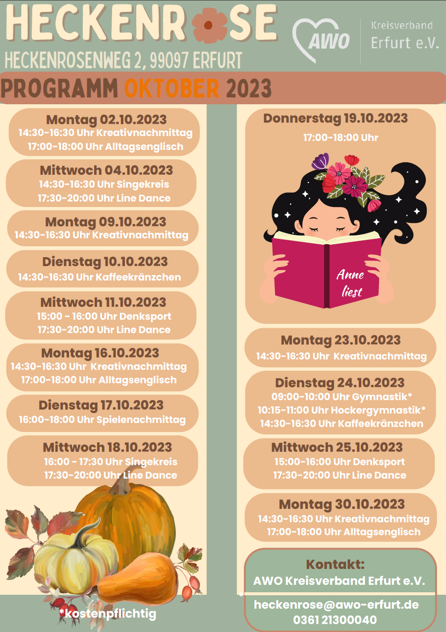 Tabellarischer Monatsplan der Veranstaltungen in der Heckenrose im herbstlichen Design